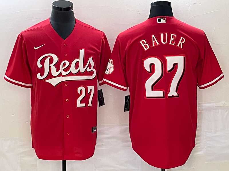 Mens Cincinnati Reds #27 Trevor Bauer Number Red Stitched MLB Cool Base Nike Jersey